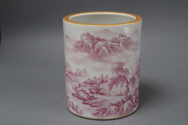 A Chinese pink enamelled brush pot, height 15cm